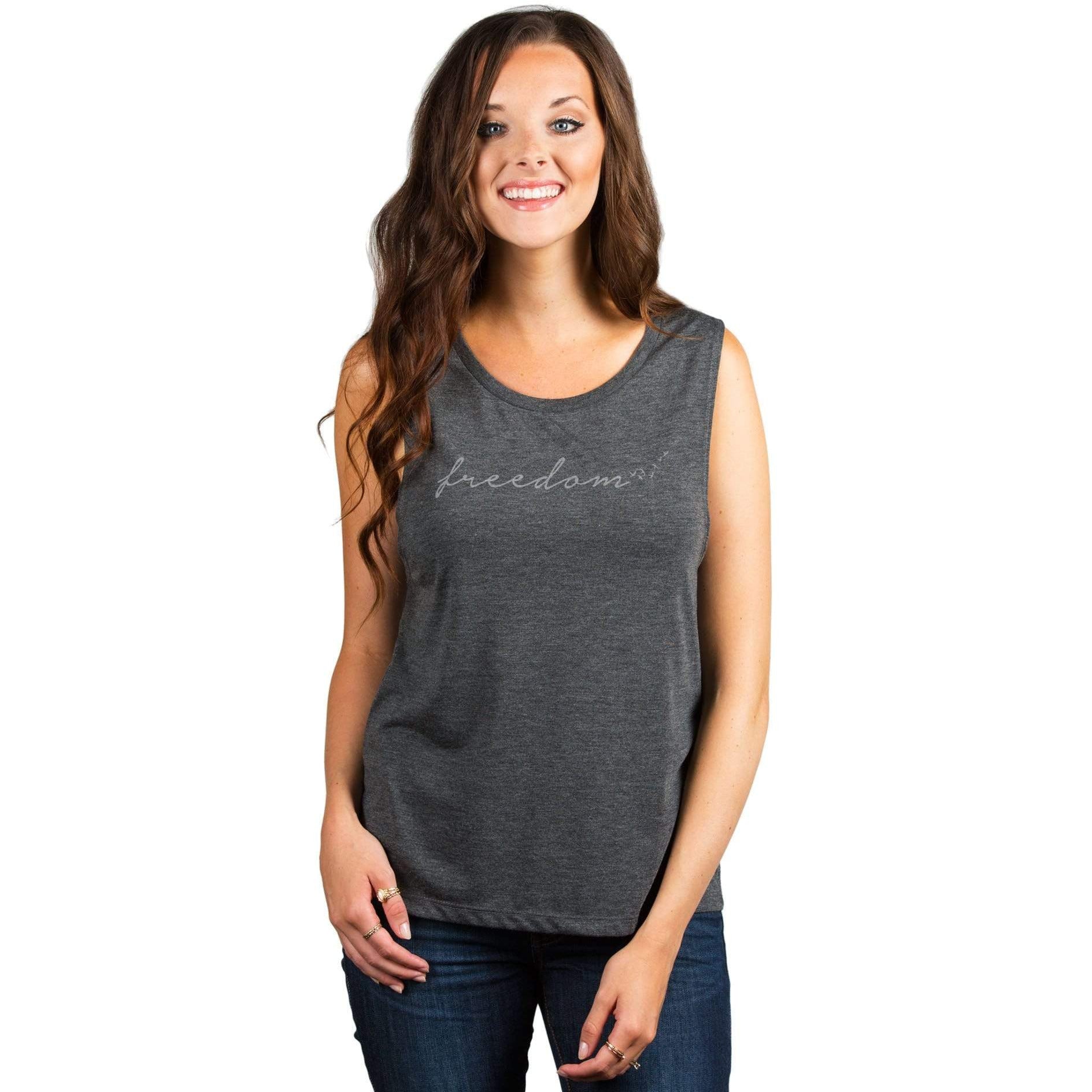 Freedome Script And Sunshine Women's Relaxed Muscle Tank Tee Charcoal Model
