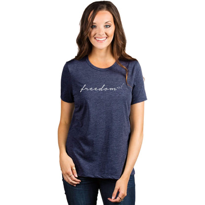 Freedom Script Women's Relaxed Crewneck T-Shirt Top Tee Heather Navy Model