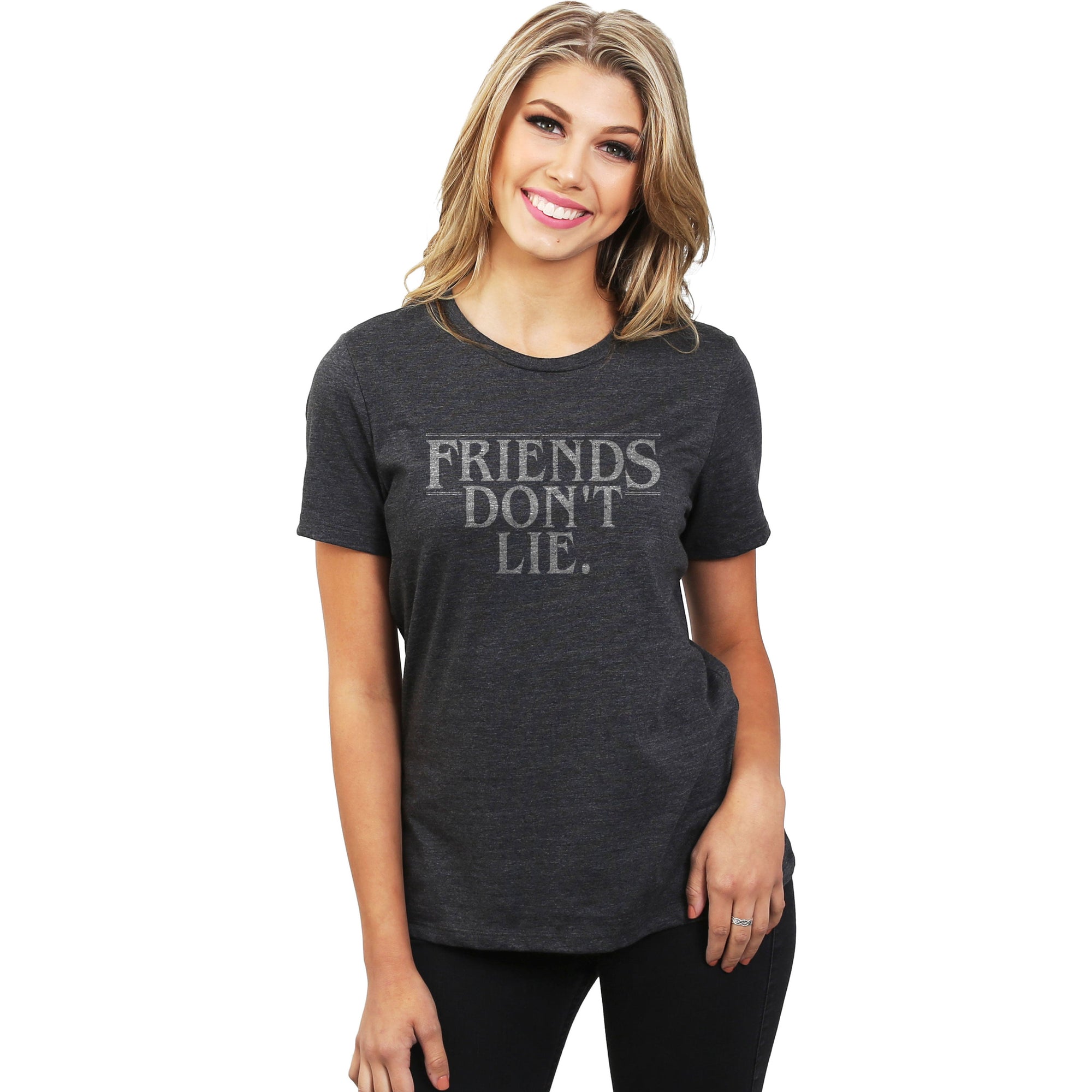 Friends Dont Lie Women's Relaxed Crewneck T-Shirt Top Tee Charcoal Model Image