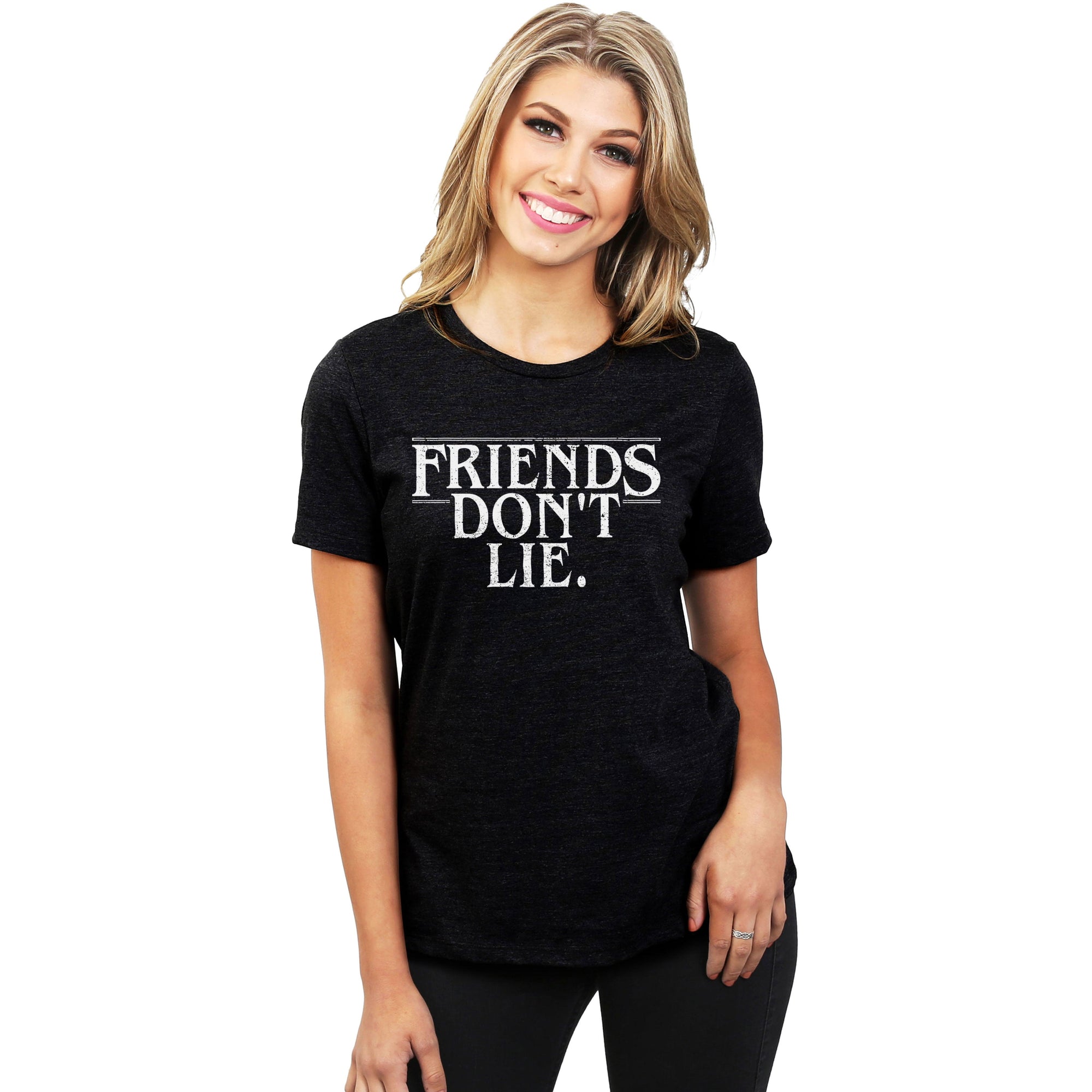 Friends Dont Lie Women's Relaxed Crewneck T-Shirt Top Tee Heather Black Model Image