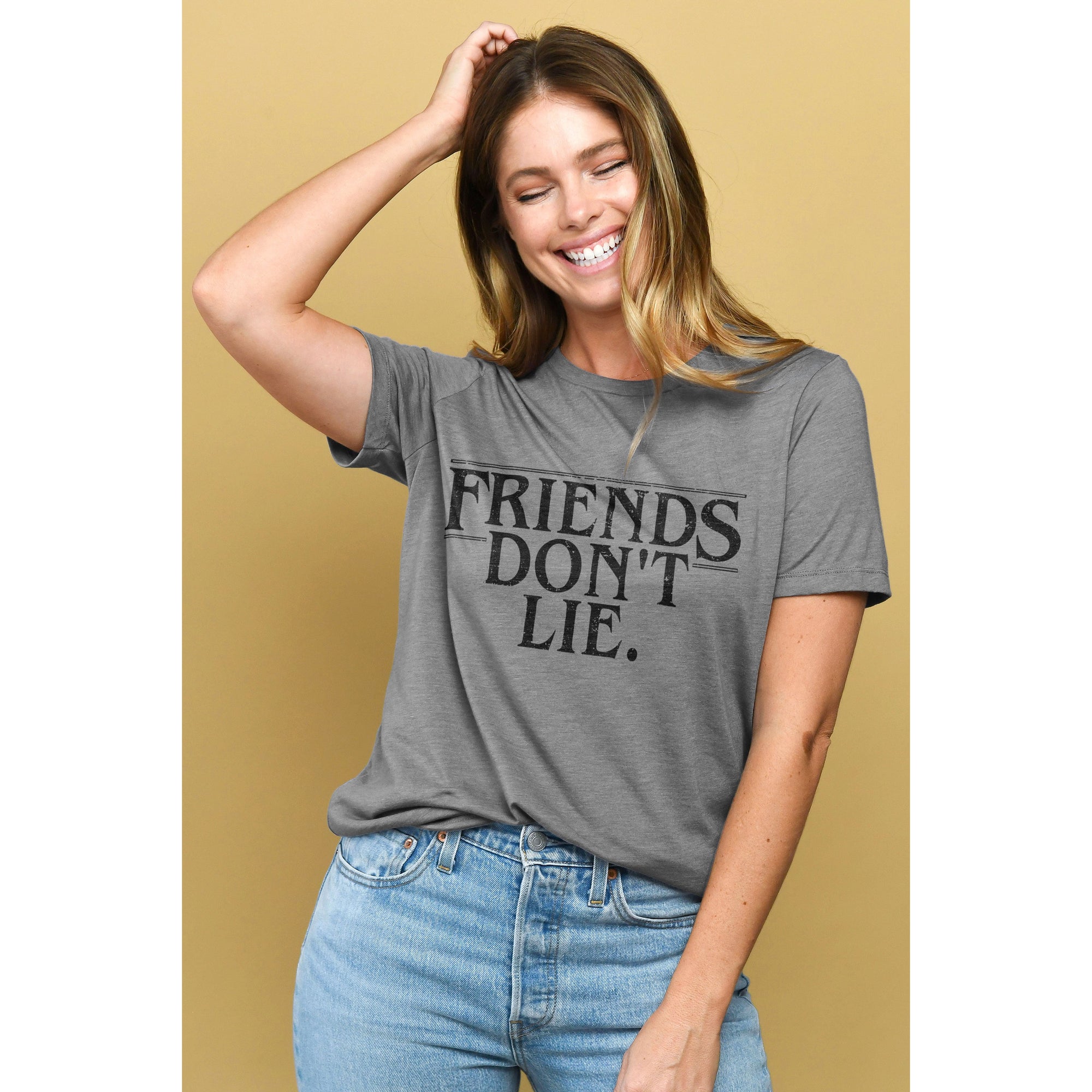 Friends Dont Lie Women's Relaxed Crewneck T-Shirt Top Tee Grey Model Image