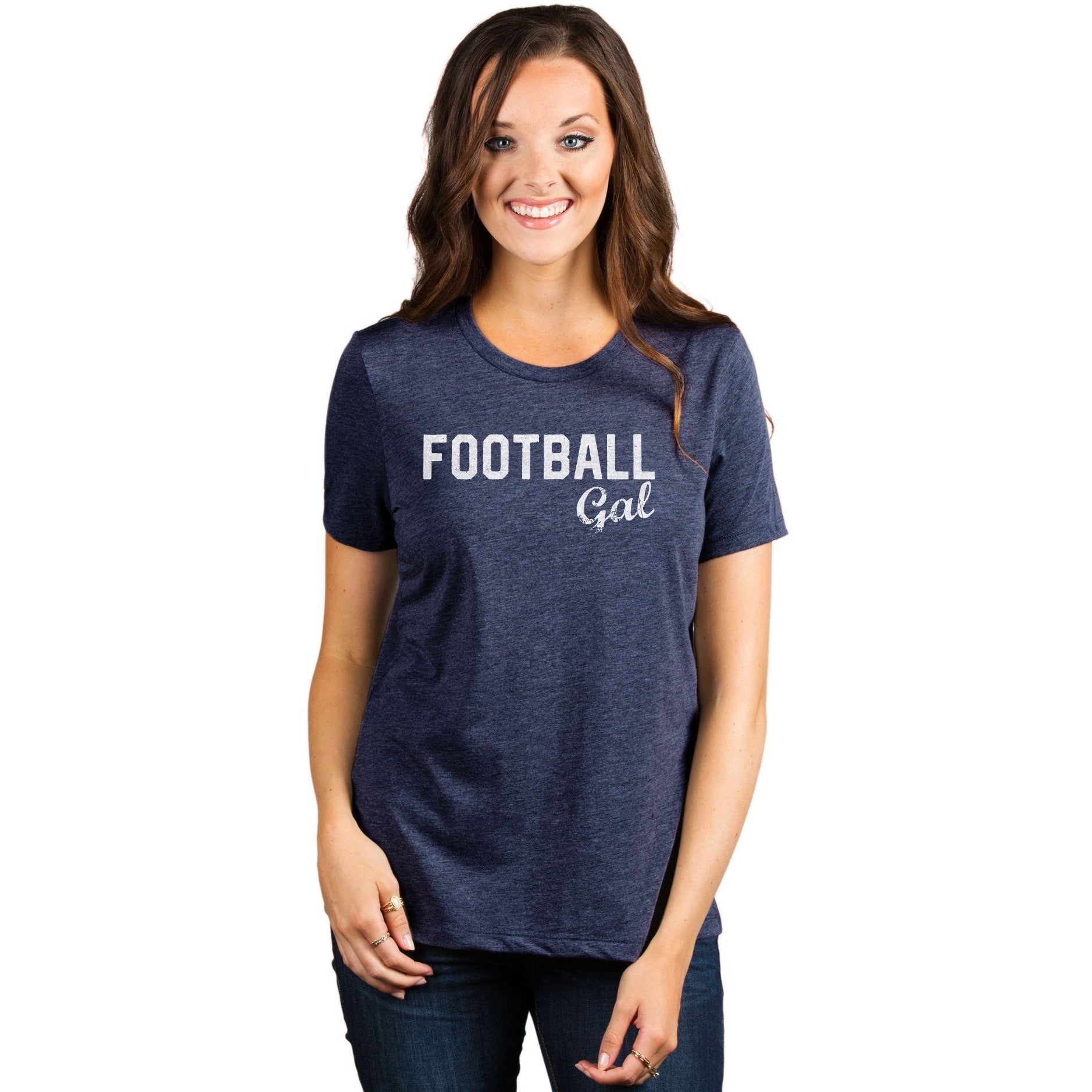 Football Gal Women's Relaxed Crewneck T-Shirt Top Tee Heather Navy Model
