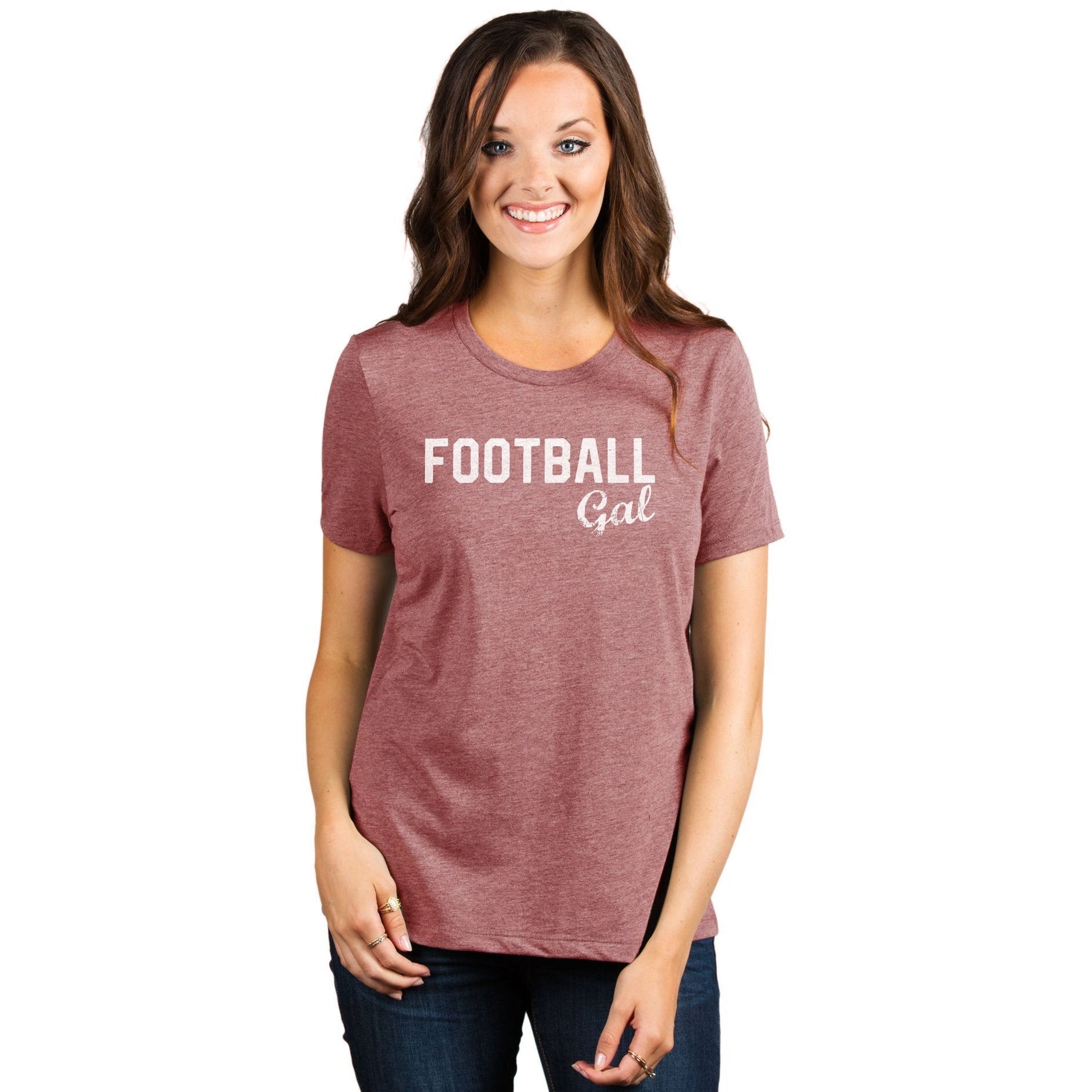 Football Gal Women's Relaxed Crewneck T-Shirt Top Tee Heather Rouge Model
