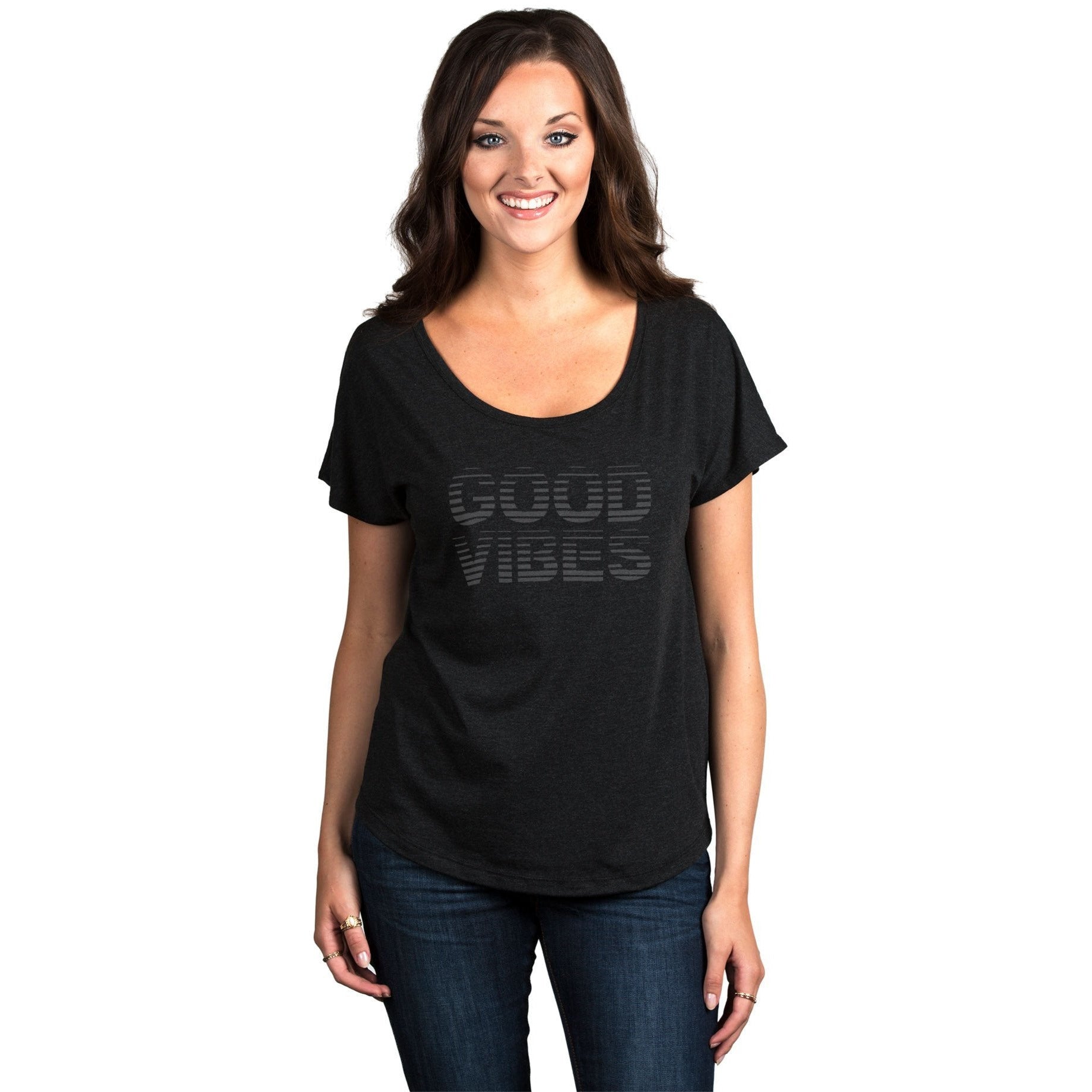 Good Vibes Women's Relaxed Slouchy Dolman T-Shirt Tee Heather Black Model

