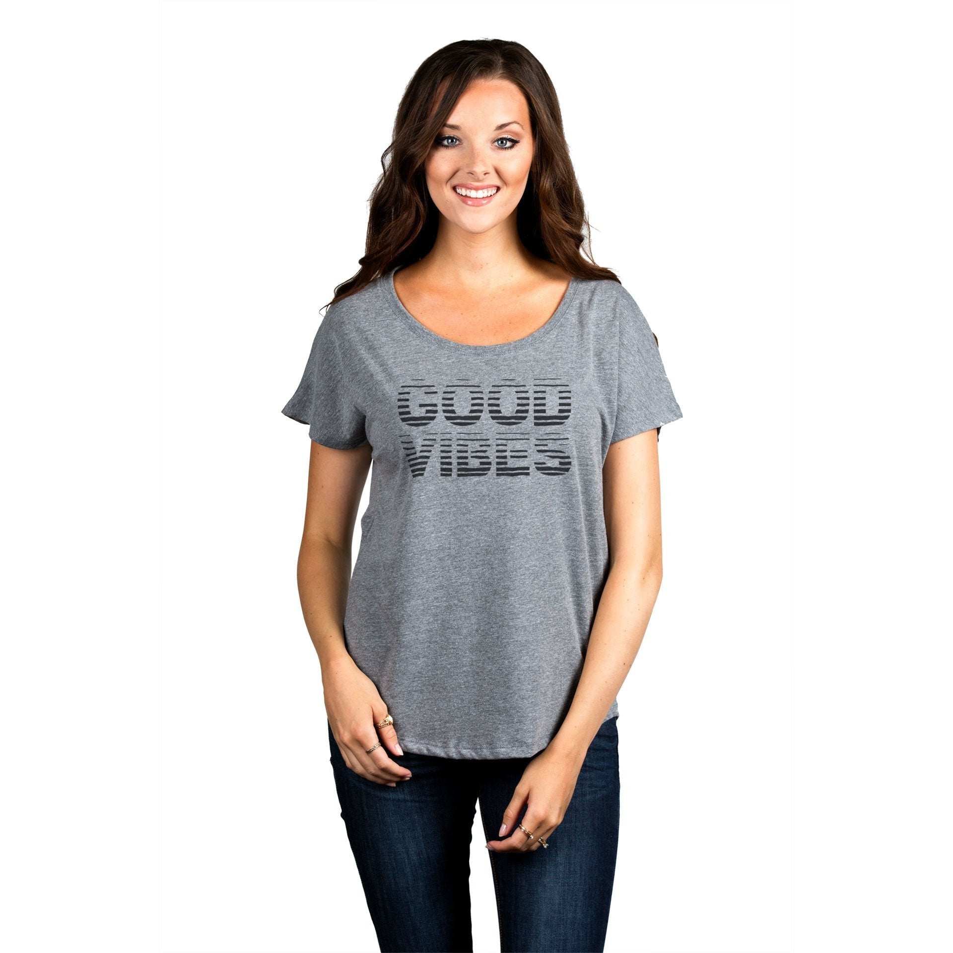 Good Vibes Women's Relaxed Slouchy Dolman T-Shirt Tee Heather Grey Model
