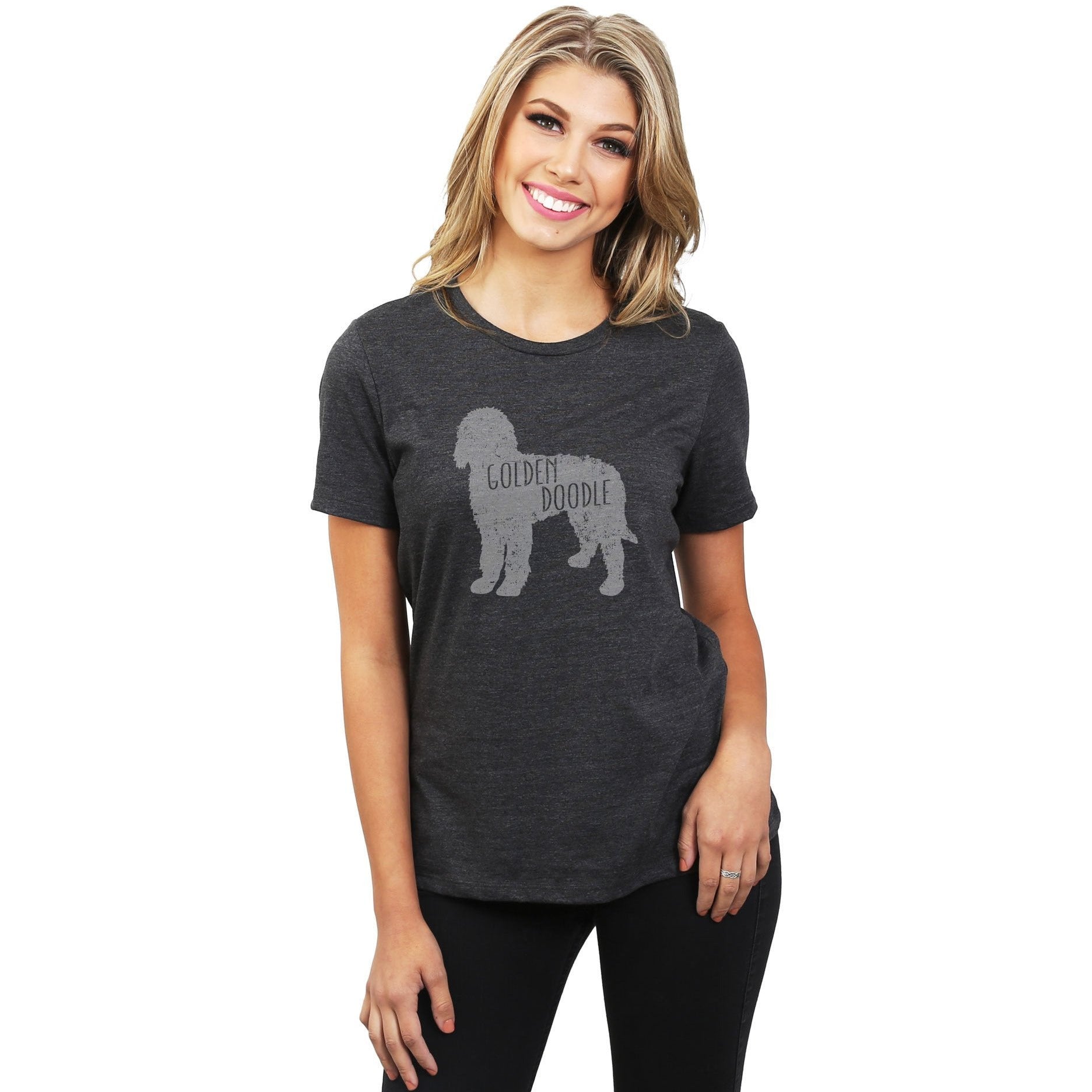 Golden Doodle Silhouette Women's Relaxed Crewneck T-Shirt Top Tee Charcoal Model
