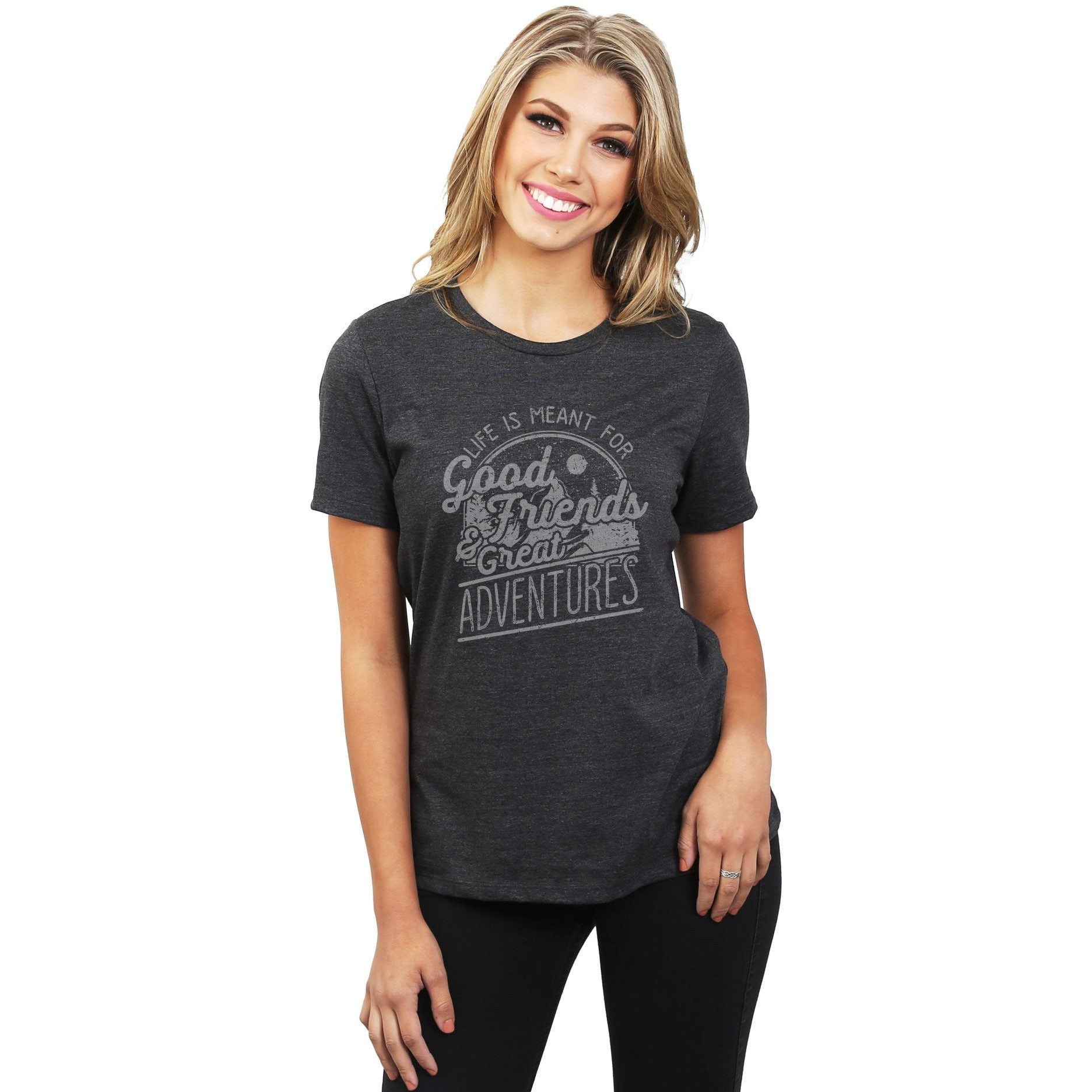 Good Friends And Great Adventures Women's Relaxed Crewneck T-Shirt Top Tee Charcoal Model
