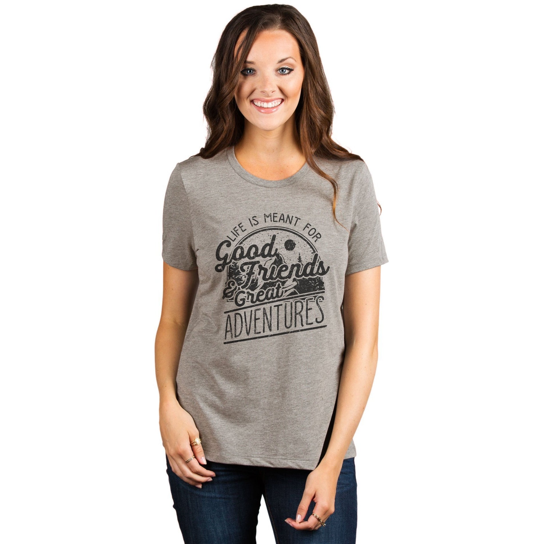 Good Friends And Great Adventures Women's Relaxed Crewneck T-Shirt Top Tee Heather Tan Model
