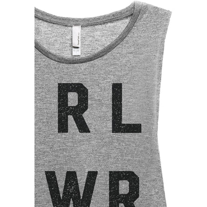 GRL PWR Girl Power Women's Relaxed Muscle Tank Tee Heather Grey Closeup Details
