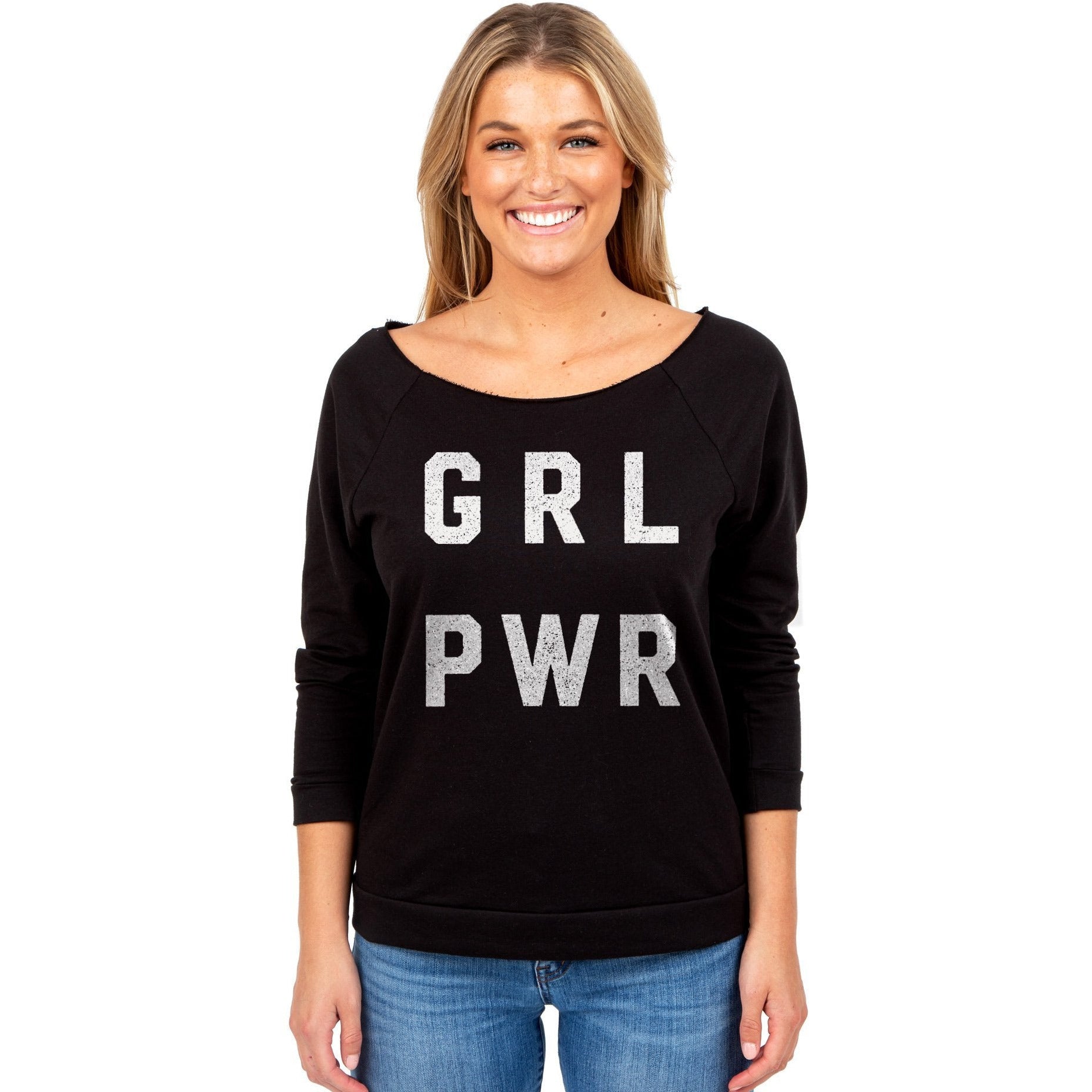 GRL PWR Girl Power Women's Graphic Printed Lightweight Slouchy 3/4 Sleeves Sweatshirt Sport Black