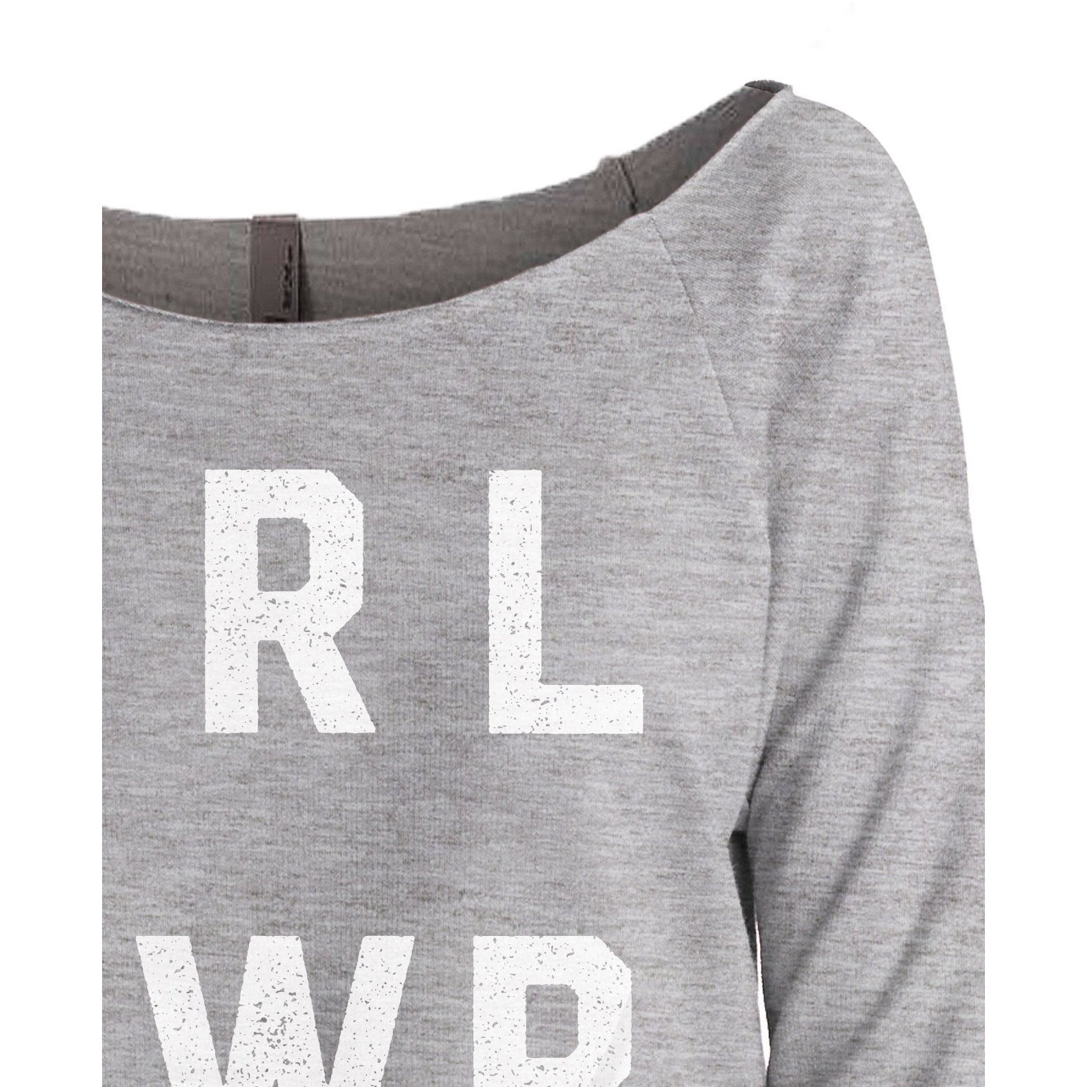GRL PWR Girl Power Women's Graphic Printed Lightweight Slouchy 3/4 Sleeves Sweatshirt Sport Grey Closeup
