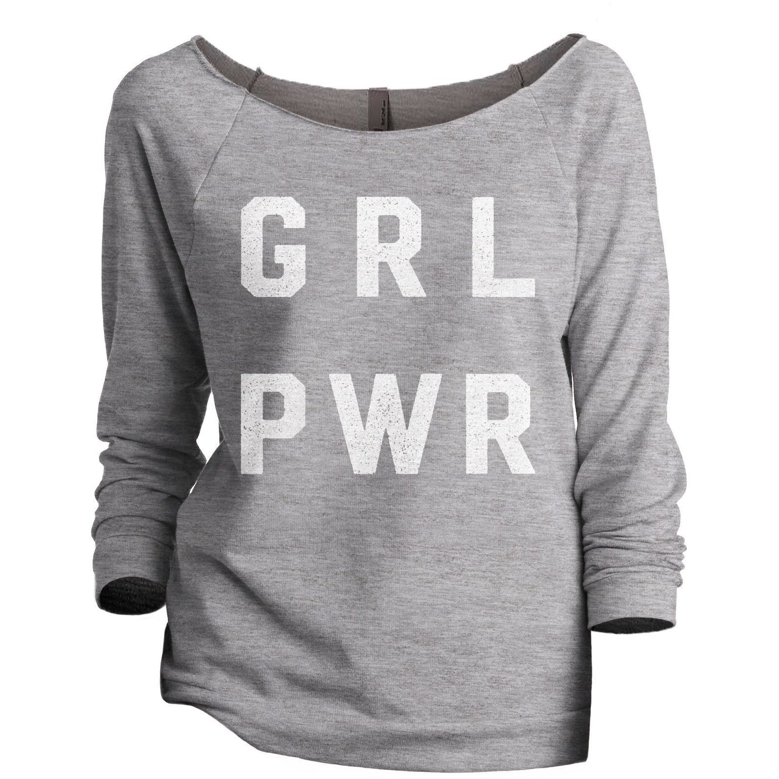 GRL PWR Girl Power Women's Graphic Printed Lightweight Slouchy 3/4 Sleeves Sweatshirt Sport Grey