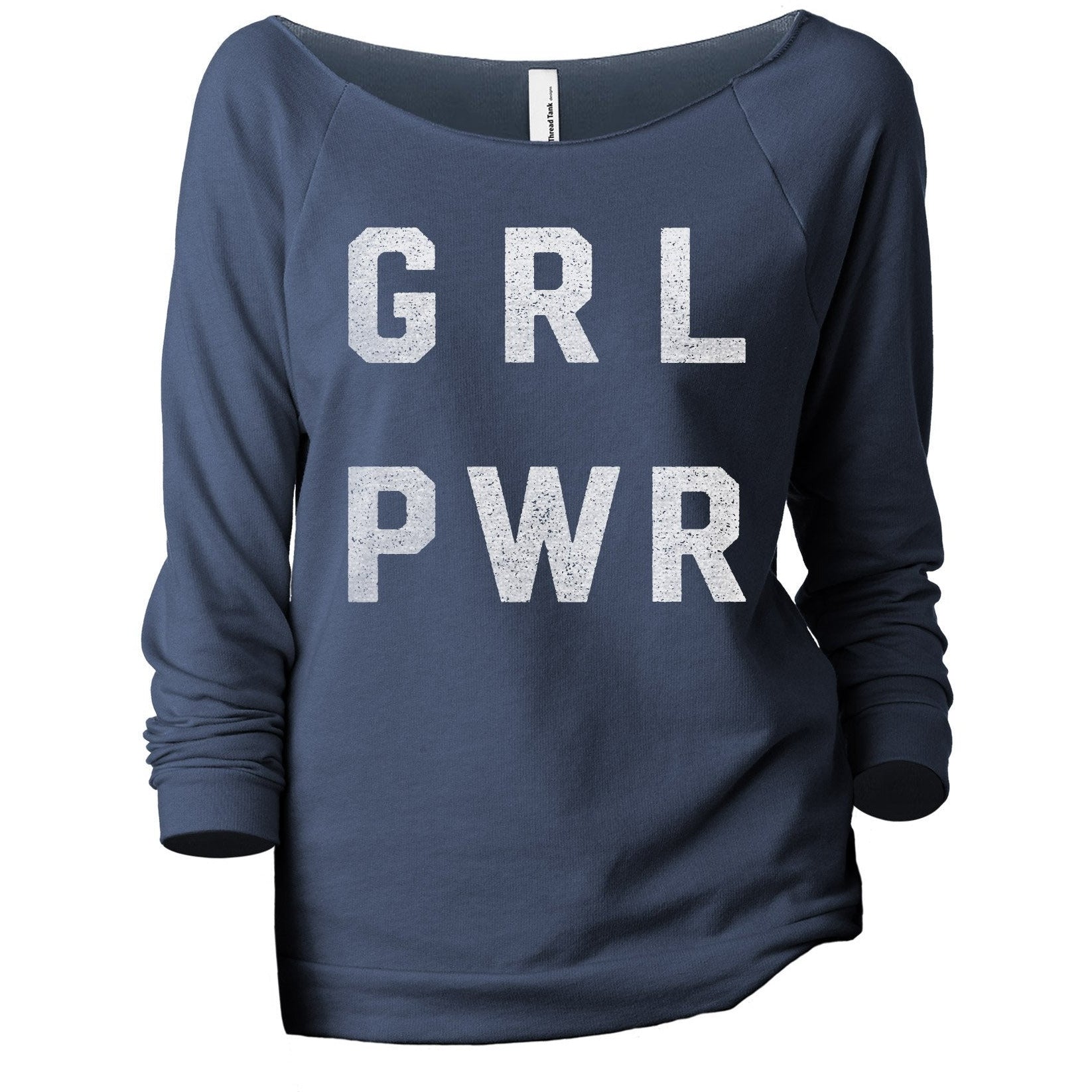 GRL PWR Girl Power Women's Graphic Printed Lightweight Slouchy 3/4 Sleeves Sweatshirt Navy