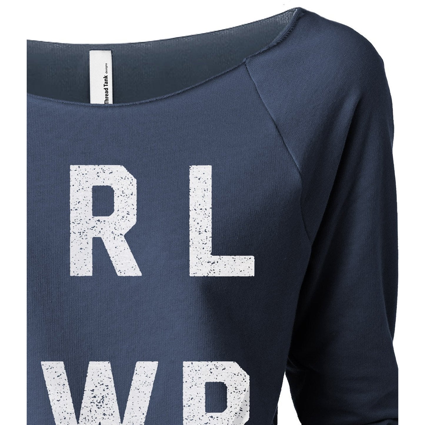 GRL PWR Girl Power Women's Graphic Printed Lightweight Slouchy 3/4 Sleeves Sweatshirt Navy Closeup