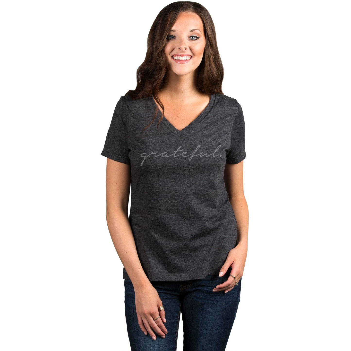Grateful Women's Relaxed V-Neck T-Shirt Tee Charcoal Model