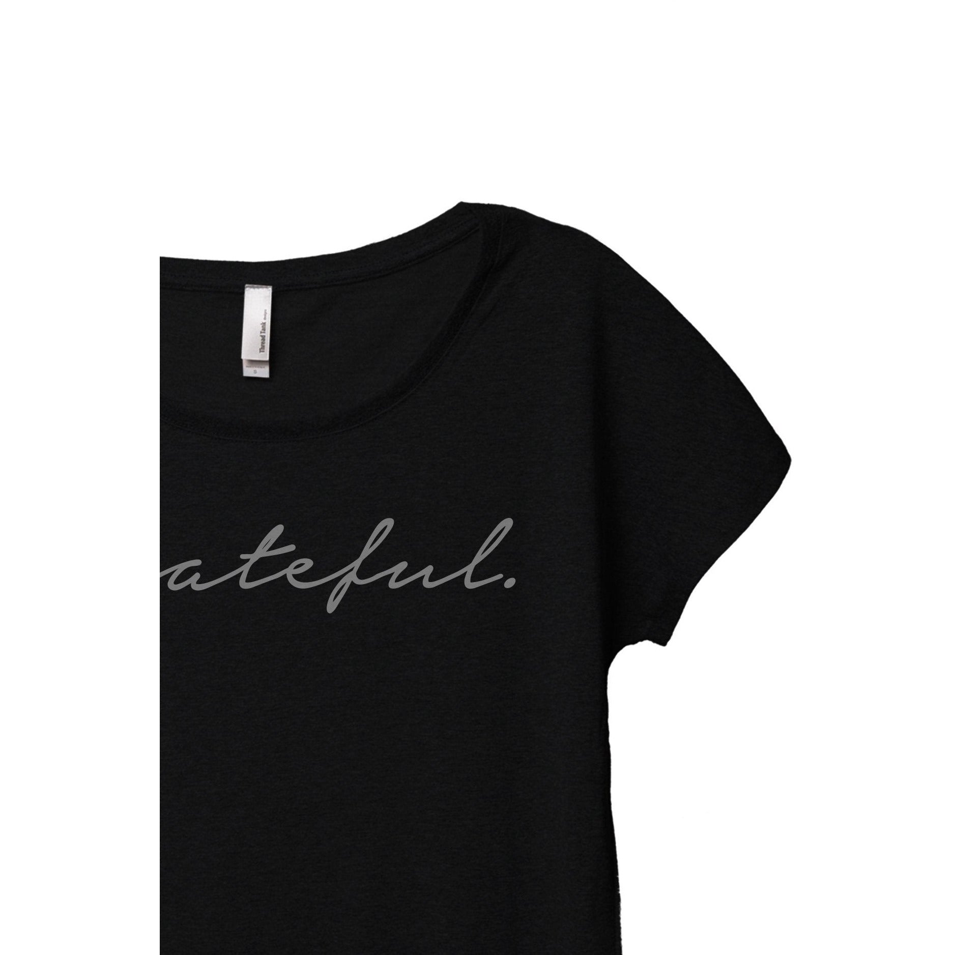 Grateful Women's Relaxed Slouchy Dolman T-Shirt Tee Heather Black Closeup Details