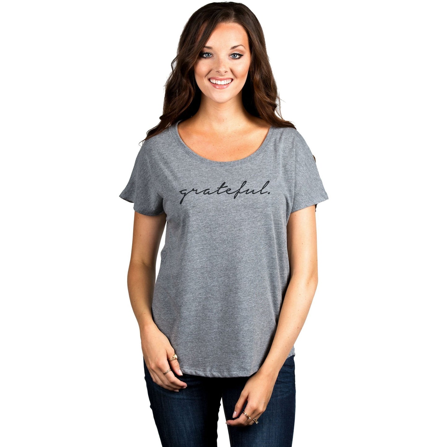 Grateful Women's Relaxed Slouchy Dolman T-Shirt Tee Heather Grey Model
