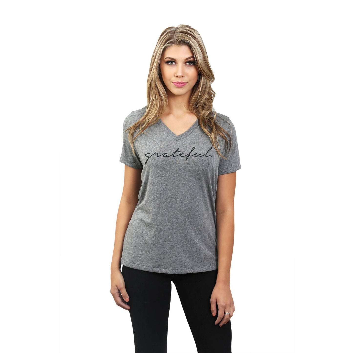 Grateful Women's Relaxed V-Neck T-Shirt Tee Heather Grey Model