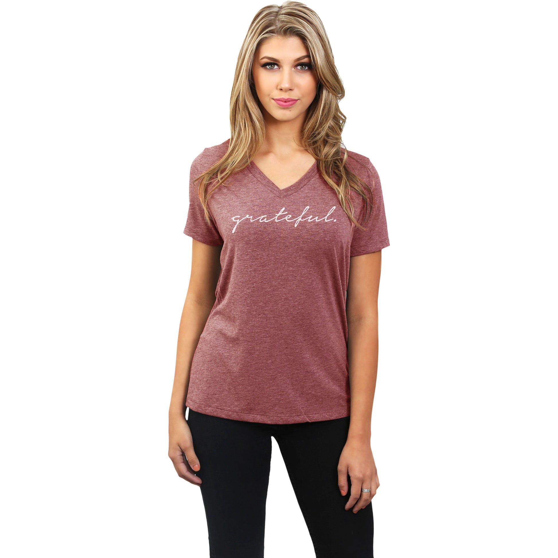 Grateful Women's Relaxed V-Neck T-Shirt Tee Heather Black Model
