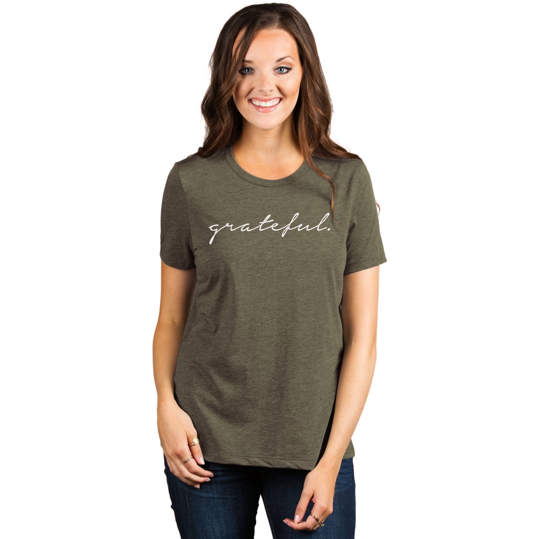 Grateful Women's Relaxed Crewneck T-Shirt Top Tee Heather Sage Model