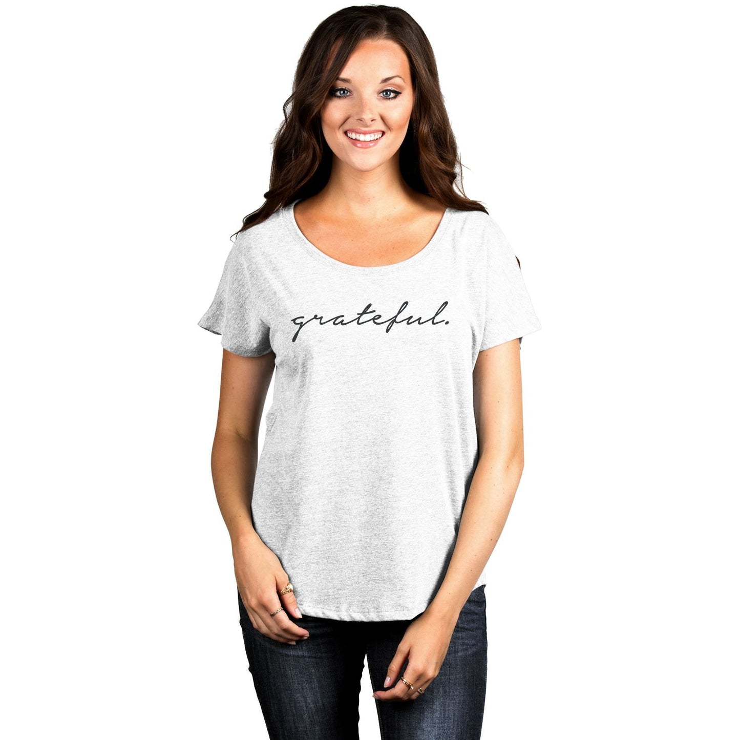 Grateful Women's Relaxed Slouchy Dolman T-Shirt Tee Heather White Model
