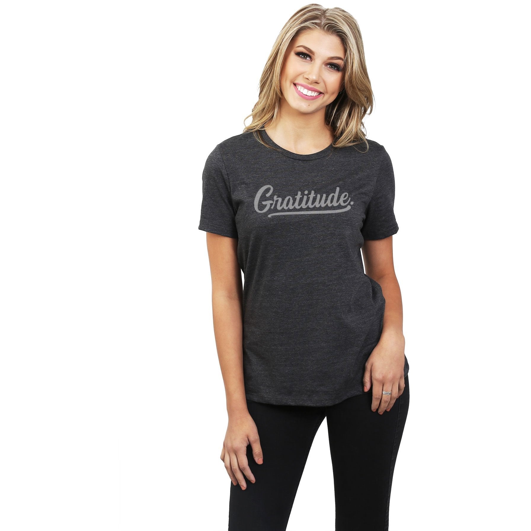 Gratitude Women's Relaxed Crewneck T-Shirt Top Tee Charcoal Grey Model