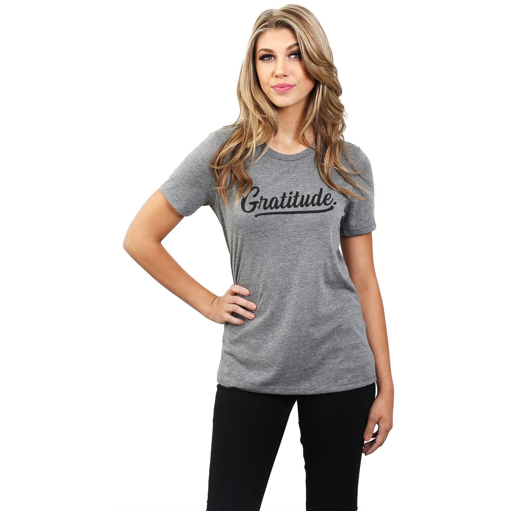 Gratitude Women's Relaxed Crewneck T-Shirt Top Tee Heather Grey Model
