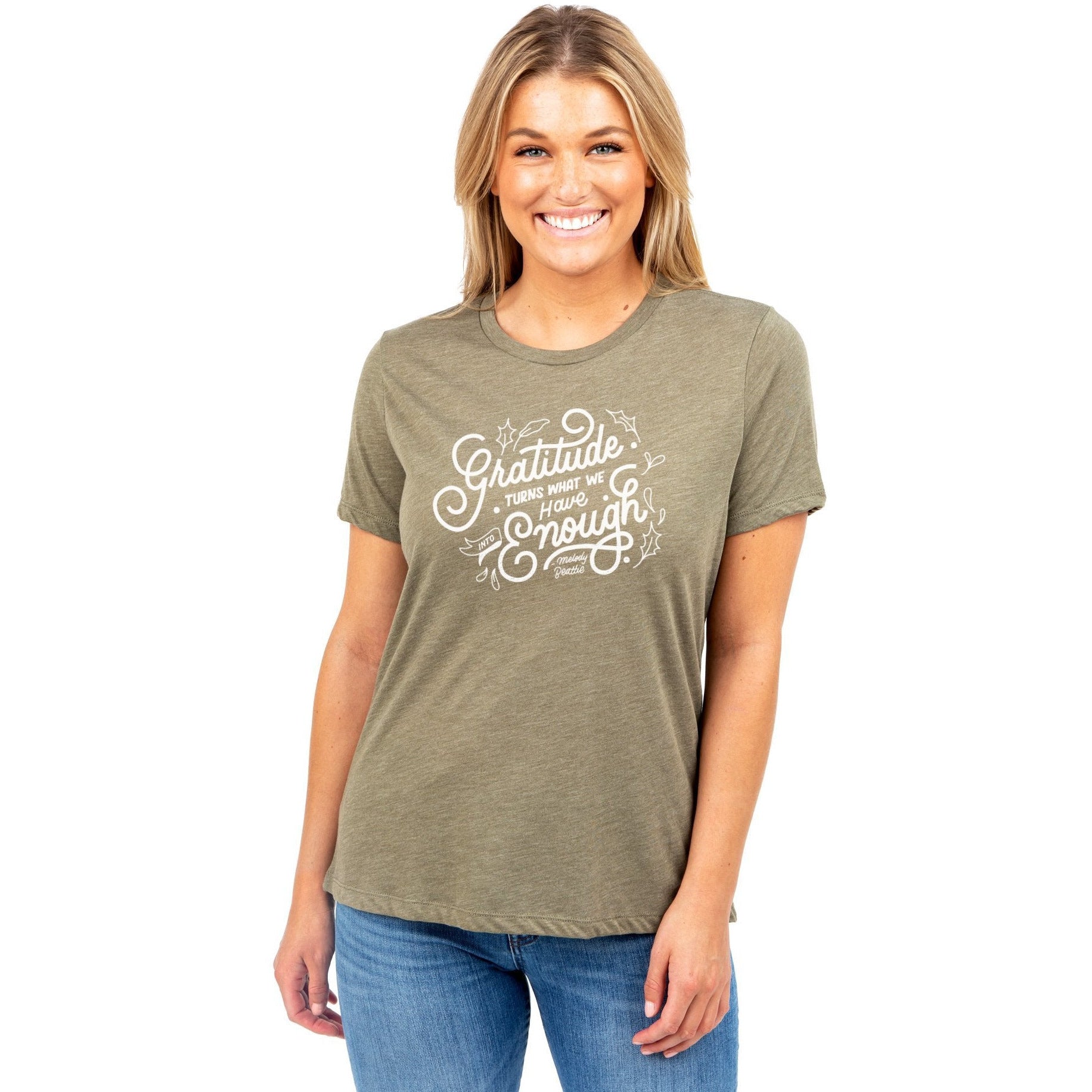 Gratitude Turns What We Have Into Enough Women's Relaxed Crewneck T-Shirt Top Tee Heather Sage Model
