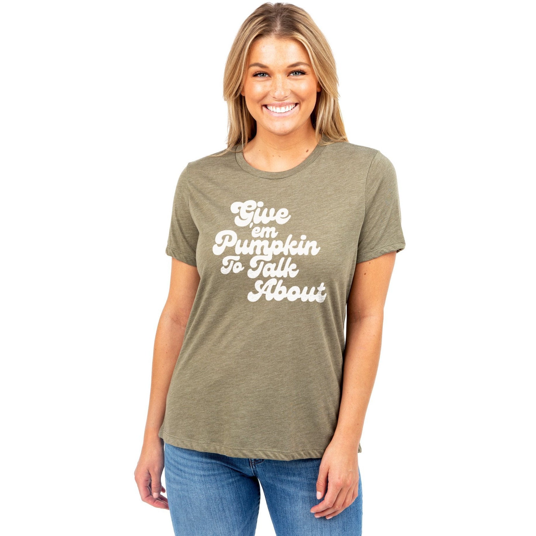 Give'em Pumpkin To Talk About Women's Relaxed Crewneck T-Shirt Top Tee Heather Sage Model
