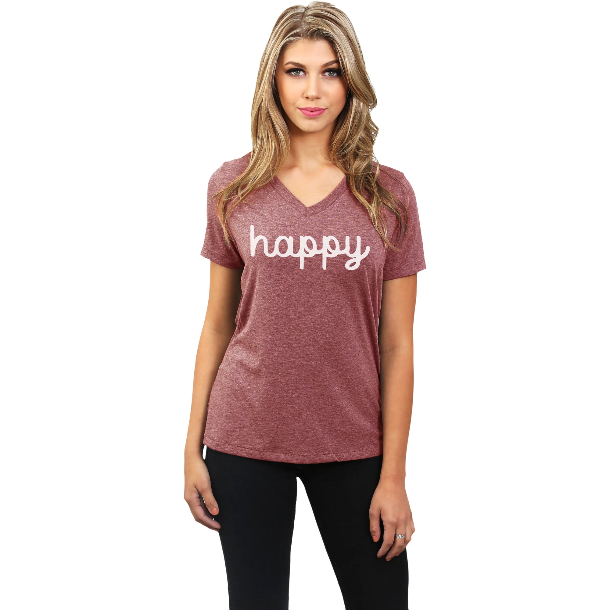 Happy Women's Relaxed V-Neck T-Shirt Tee Heather Black Model