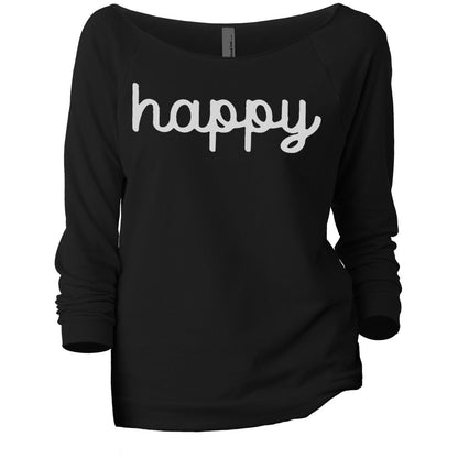 Happy Cursive Women's Graphic Printed Lightweight Slouchy 3/4 Sleeves Sweatshirt Black
