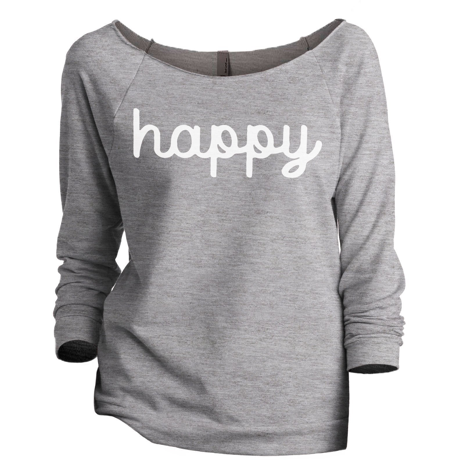 Happy Cursive Women's Graphic Printed Lightweight Slouchy 3/4 Sleeves Sweatshirt Sport Grey