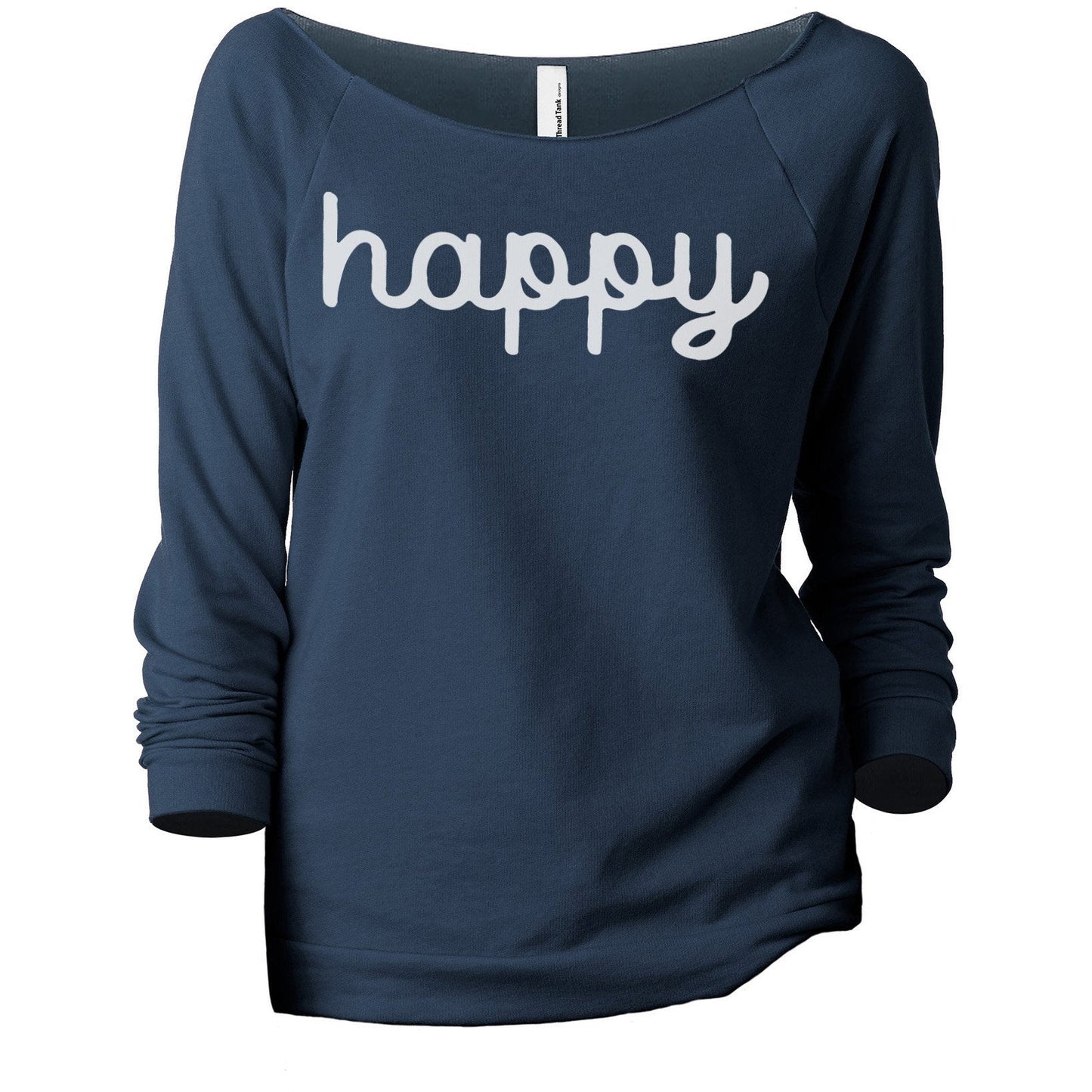 Happy Cursive Women's Graphic Printed Lightweight Slouchy 3/4 Sleeves Sweatshirt Navy