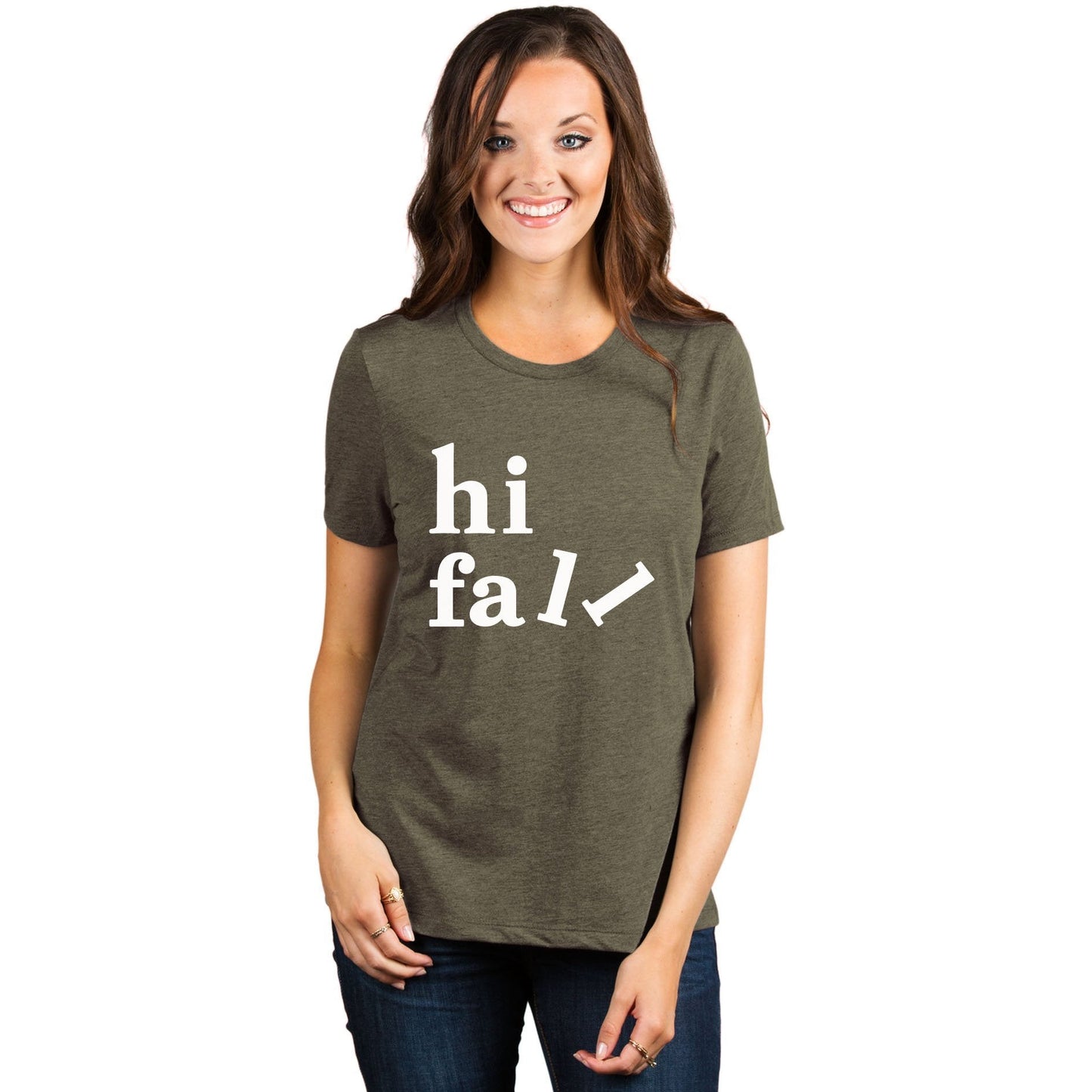 Hi Fall Women's Relaxed Crewneck T-Shirt Top Tee Heather Sage Model
