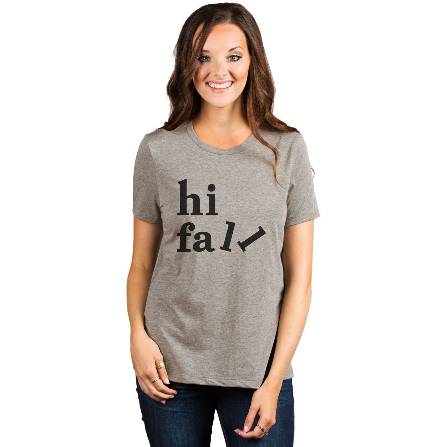 Hi Fall Women's Relaxed Crewneck T-Shirt Top Tee Heather Tan Model
