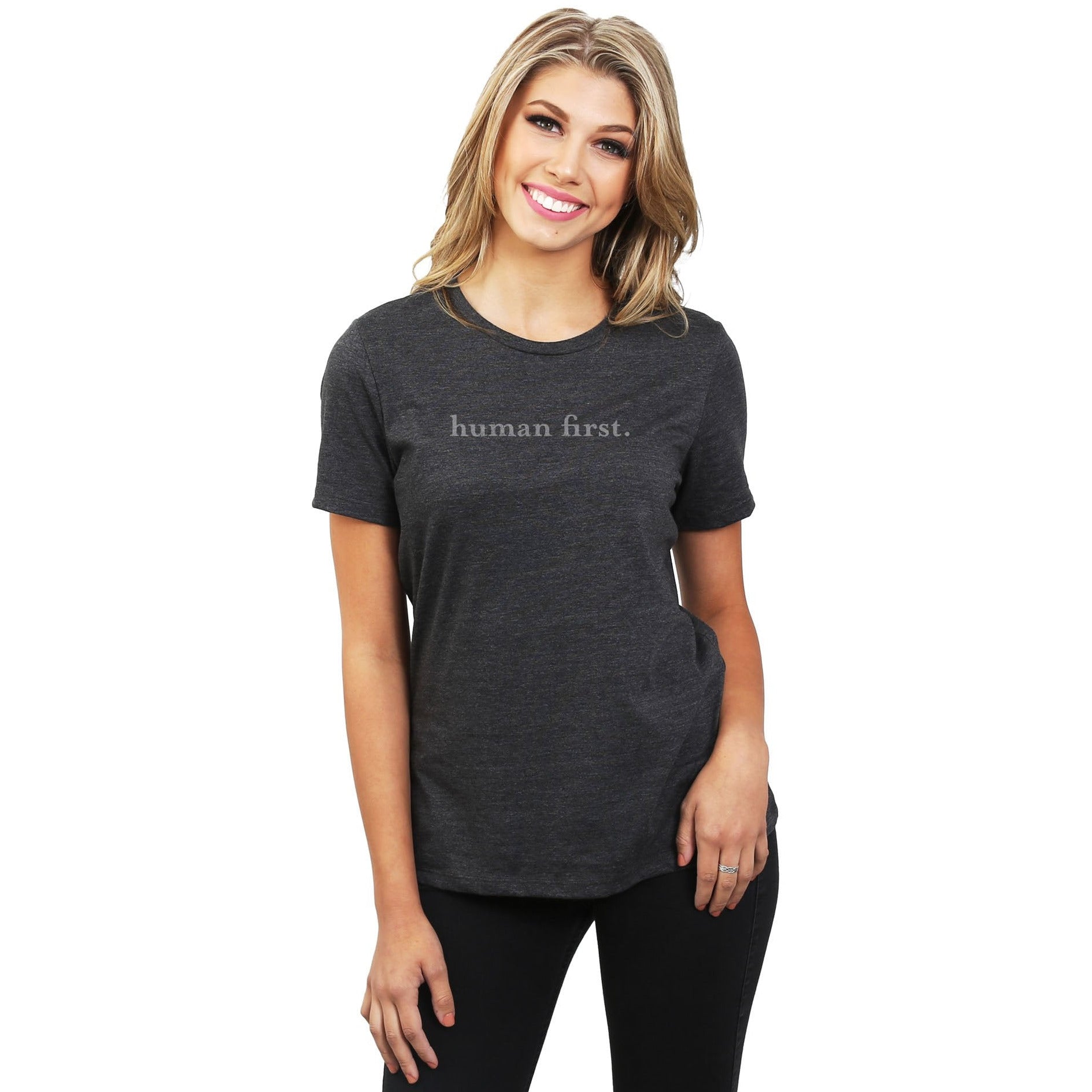 Human First Women's Relaxed Crewneck T-Shirt Top Tee Charcoal Grey Model