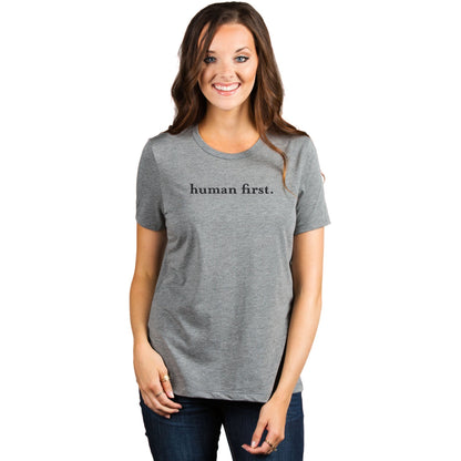 Human First Women's Relaxed Crewneck T-Shirt Top Tee Heather Grey Model
