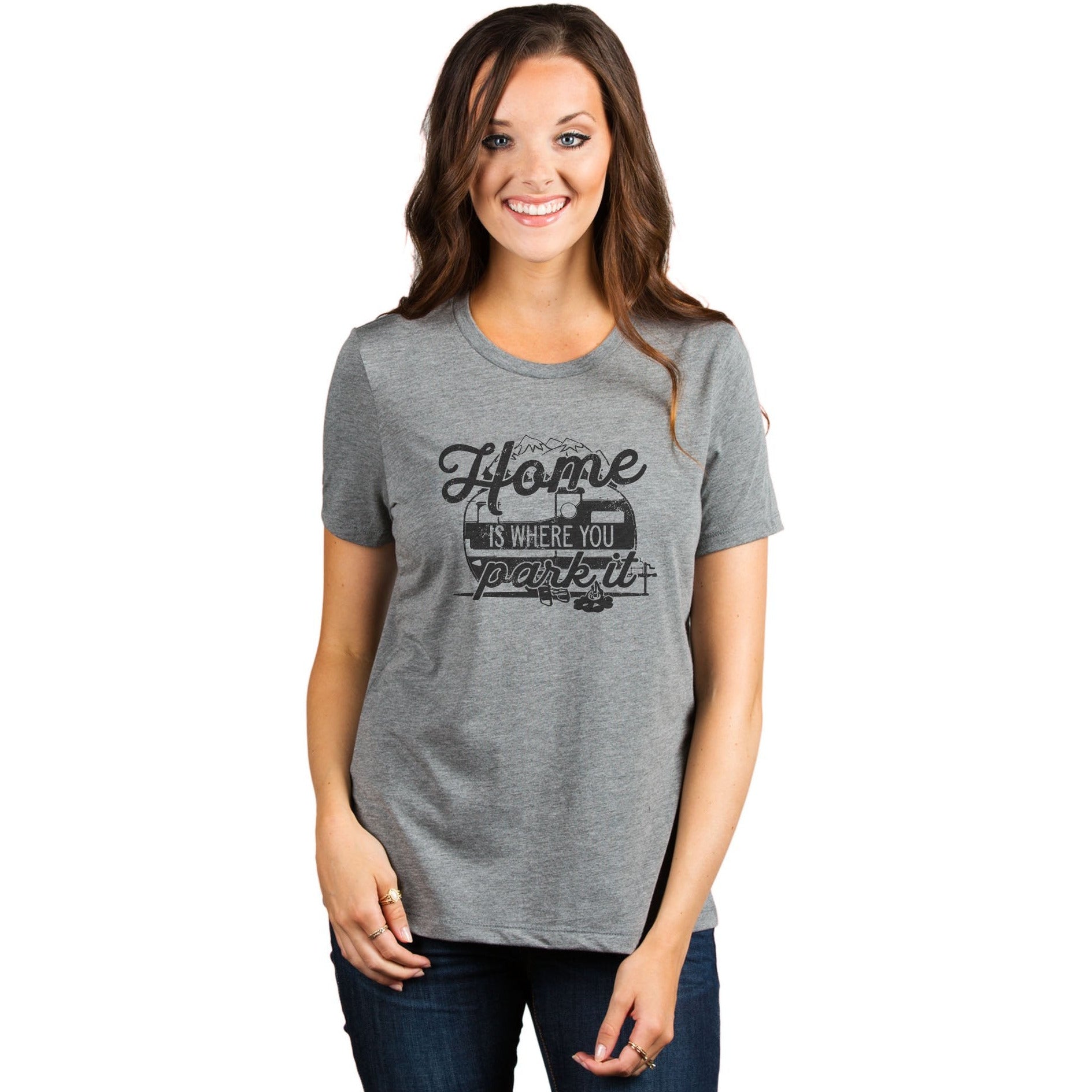 Home Is Where You Park It Women's Relaxed Crewneck T-Shirt Top Tee Heather Grey Model
