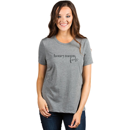 Honeymoon Feels Women's Relaxed Crewneck T-Shirt Top Tee Heather Grey Model
