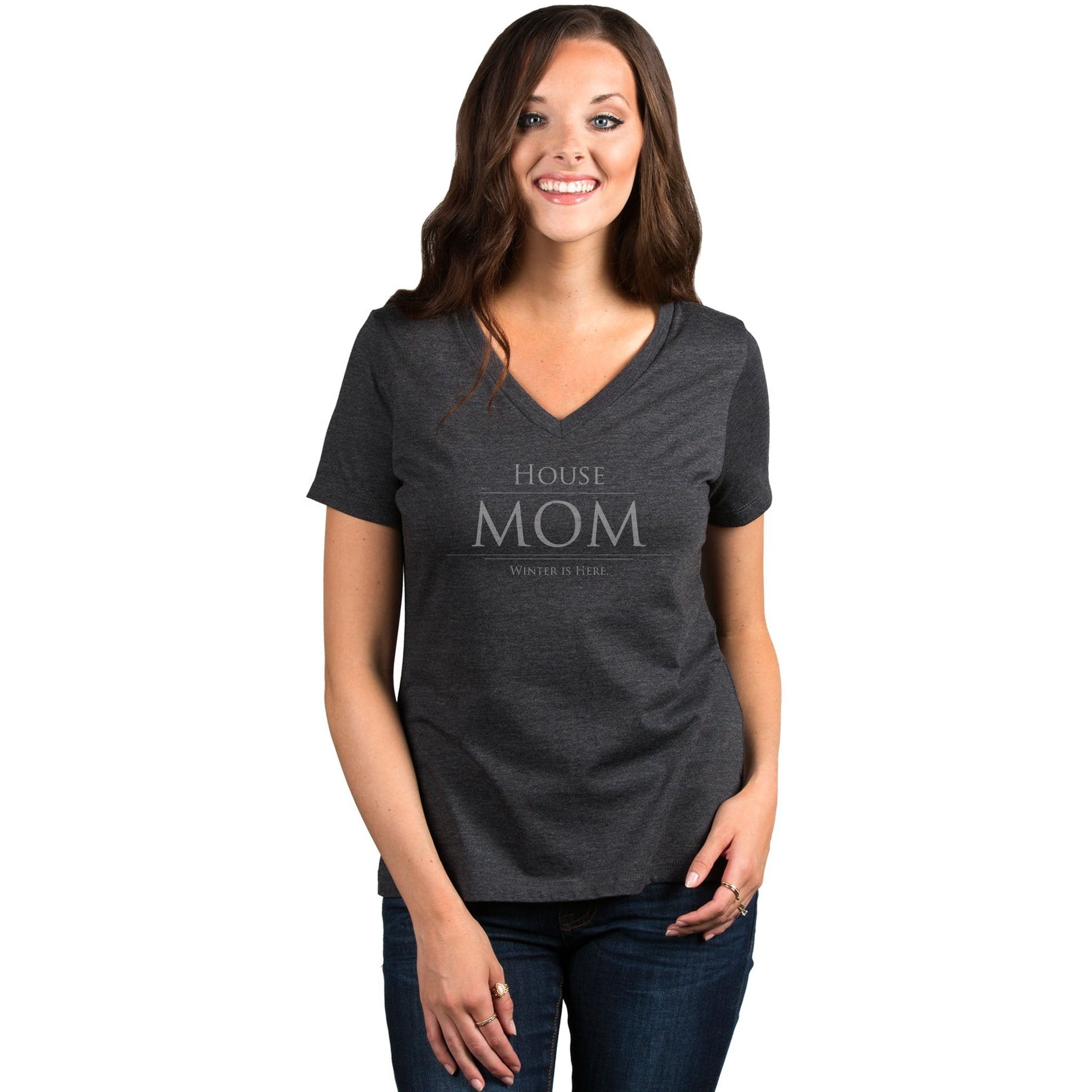 House Mom Winter Is Here Women's Relaxed V-Neck T-Shirt Tee Charcoal Model