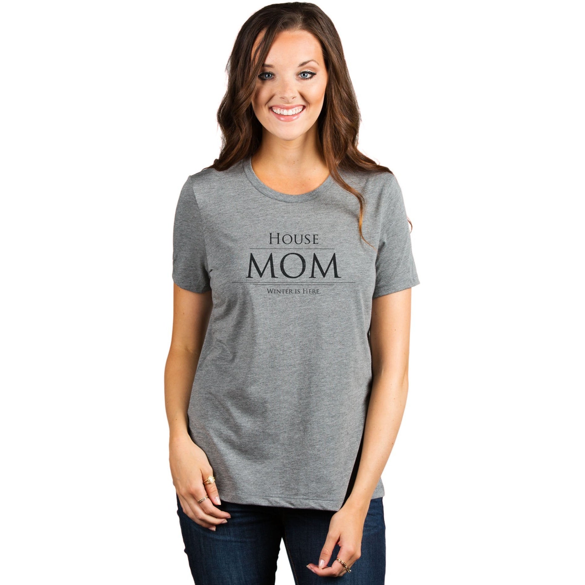 House Mom Winter Is Here Women's Relaxed Crewneck T-Shirt Top Tee Heather Grey Model
