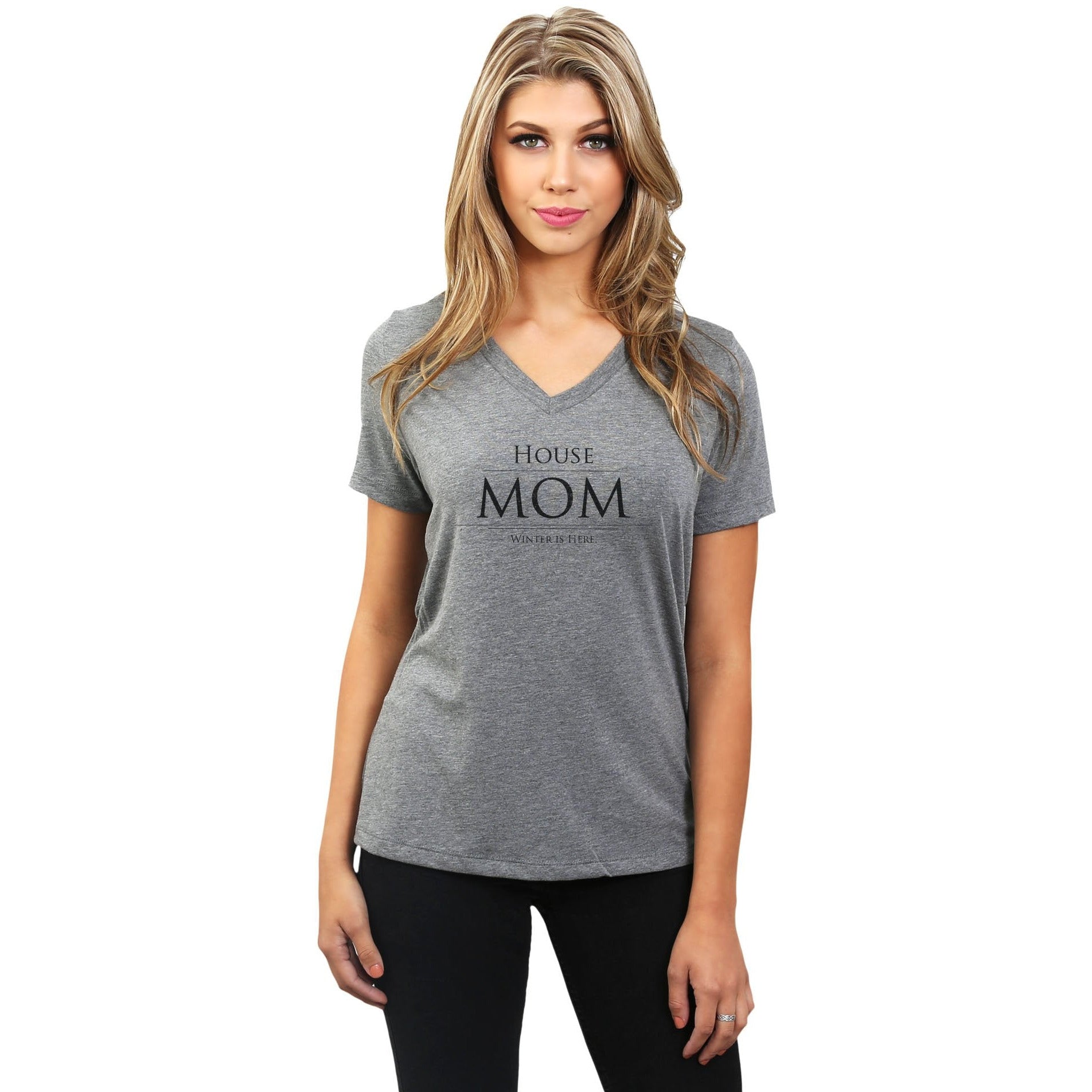 House Mom Winter Is Here Women's Relaxed V-Neck T-Shirt Tee Heather Grey Model