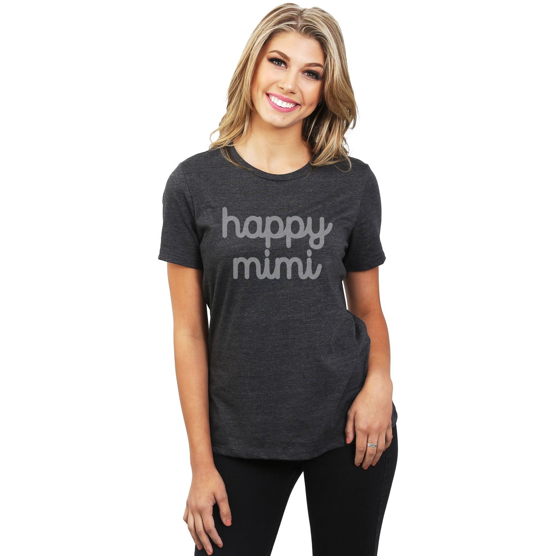 Happy Mimi Women's Relaxed Crewneck T-Shirt Top Tee Charcoal Model
