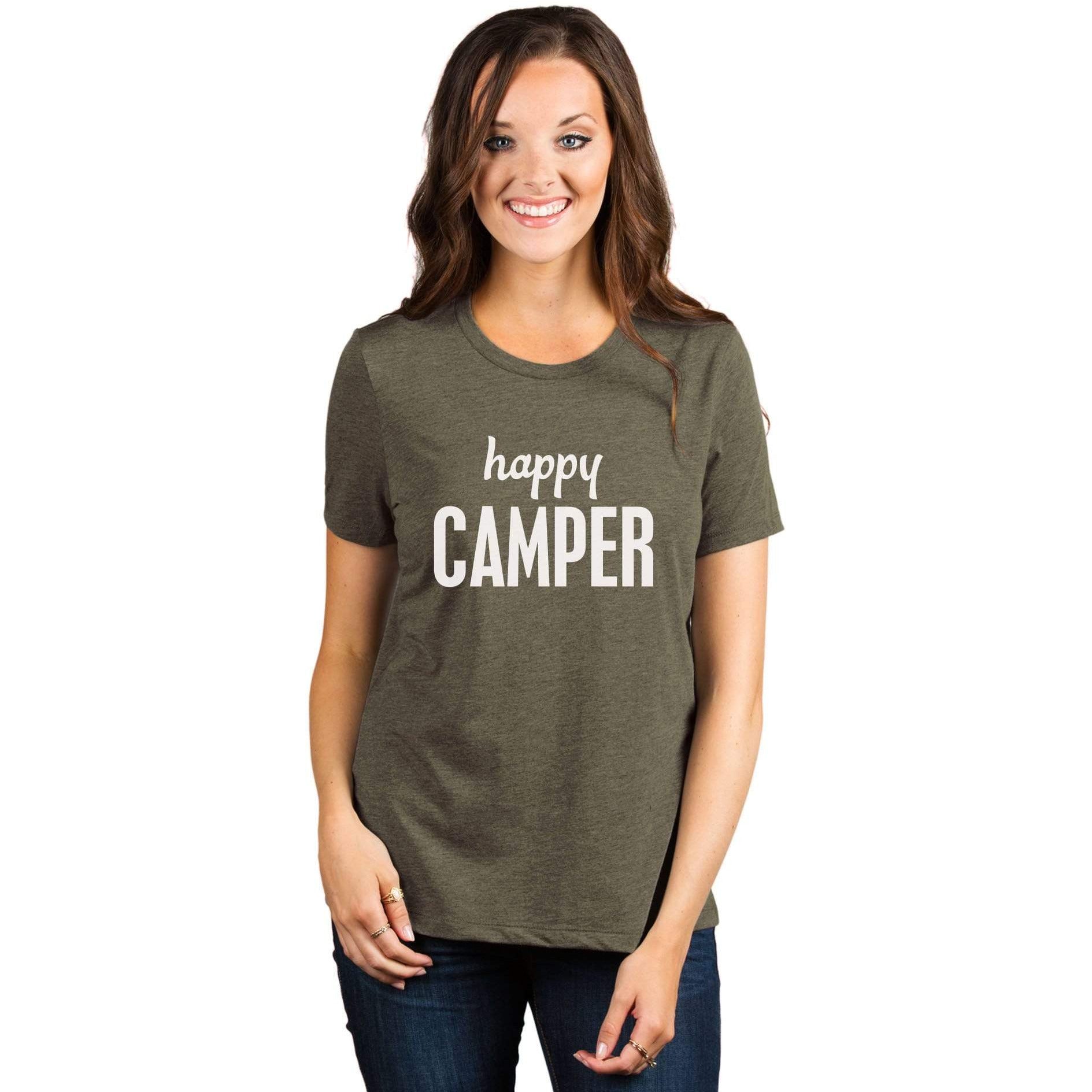Happy Camper Women's Relaxed Crewneck T-Shirt Top Tee Heather Sage Model