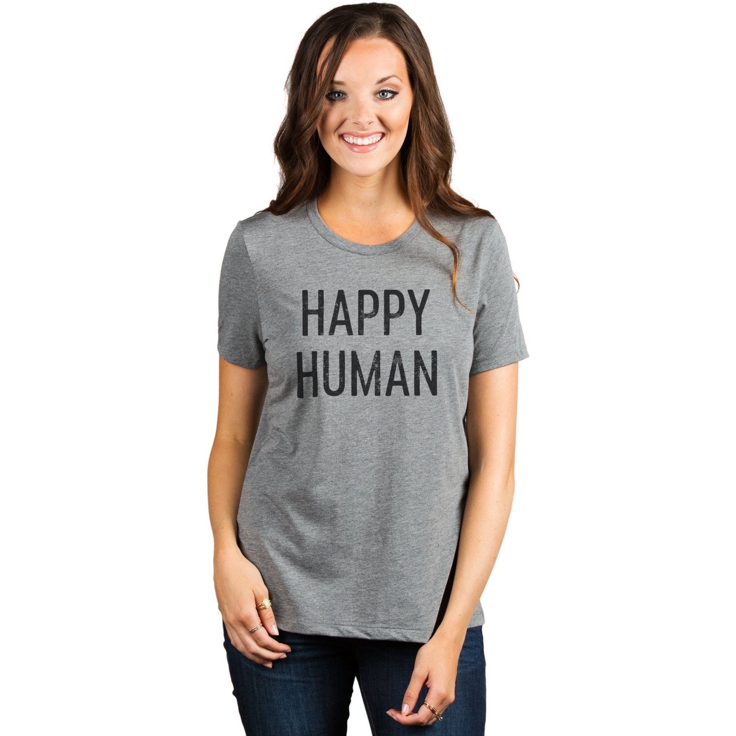 Happy Human Women's Relaxed Crewneck T-Shirt Top Tee Heather Grey Model
