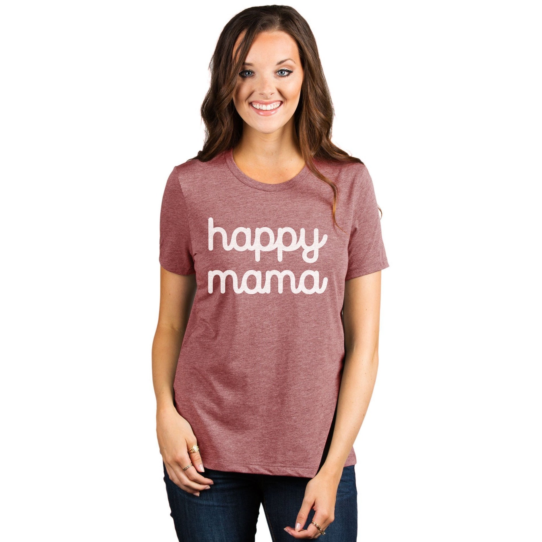 Happy Mama Women's Relaxed Crewneck T-Shirt Top Tee Heather Rouge Model
