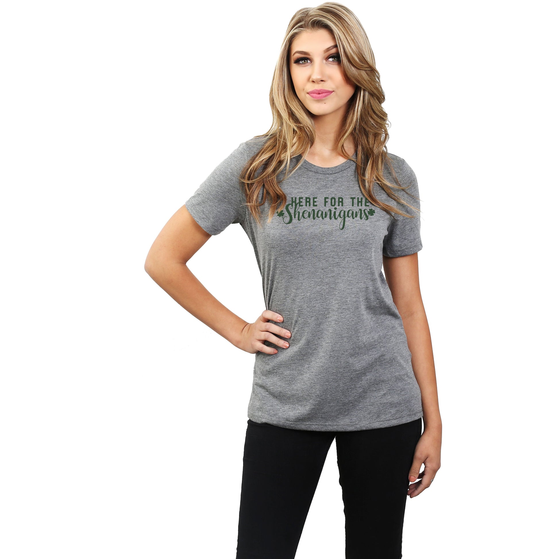 Here For The Shenanigans Women's Relaxed Crewneck T-Shirt Top Tee Heather Grey Exclusive Green Model
