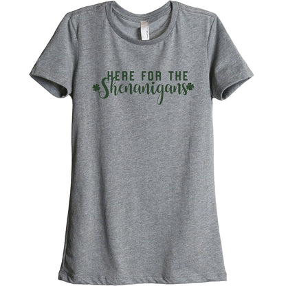 Here For The Shenanigans Women's Relaxed Crewneck T-Shirt Top Tee Heather Grey Exclusive Green