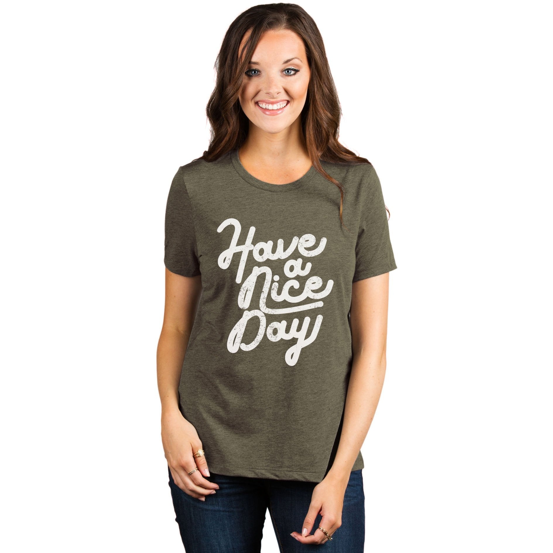 Have A Nice Day Women's Relaxed Crewneck T-Shirt Top Tee Heather Sage Model