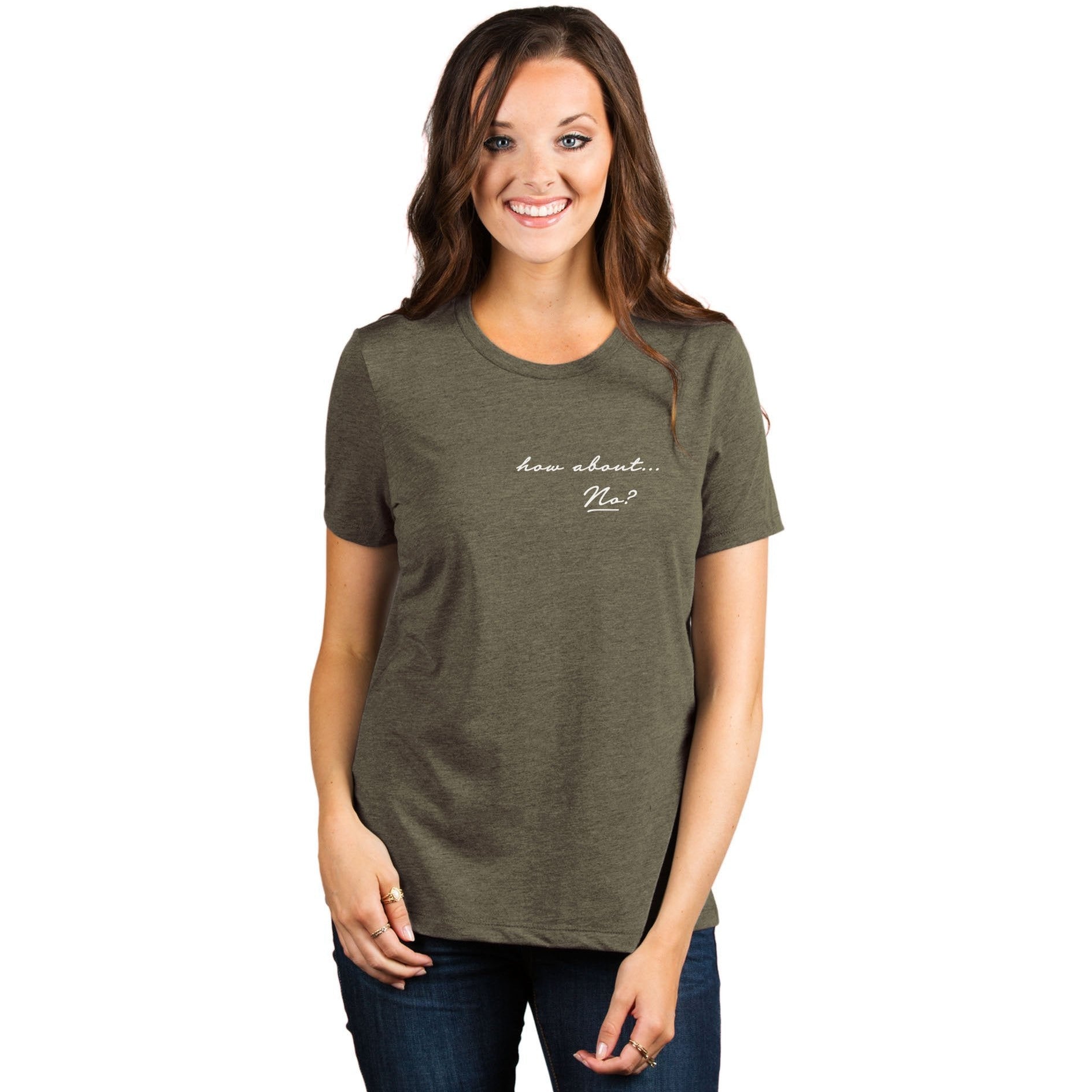 How About No Women's Relaxed Crewneck T-Shirt Top Tee Heather Sage Model